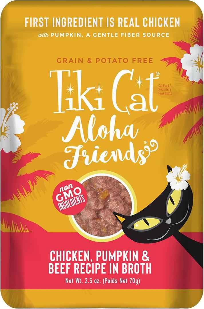 Tiki Cat Aloha Friends Wet Cat Food, Chicken, Pumpkin & Beef, 2.5 oz. Pouch (12 Count) (EXP 08/24/26)