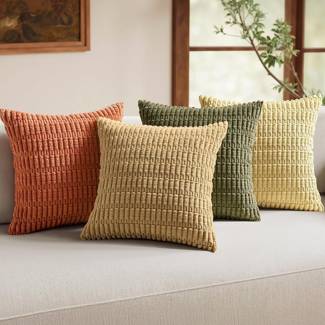 MIULEE Pack of 4 Spring Boho Farmhouse Corduroy Decorative Throw Pillow Covers 18x18 Inch for Sofa Living Room Couch Bed Modern Retro Soft Striped Pillow Covers Home Decor Brown Green