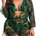 SHENHE Women's Plus Size 3 Piece Tropical Swimsuit Halter Triangle Boho Bikini Sets with Coverup (Green)