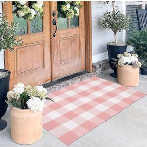 Pink and White Outdoor Rug 27.5''x 43.3''Buffalo Plaid Layered Doormat Woven Machine Washable Farmhouse Door Mats Outdoor for Hello/Welcome Mat,Entryway,Bedroom,Patio