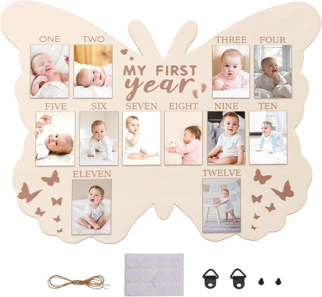 My First Year Photo Display Sign from 1-12 Months Butterfly Picture Frame for First Birthday Party Decorations Milestone Monthly Wooden Board for Baby One Birthday Nursery Decor Baby Keepsake Gift