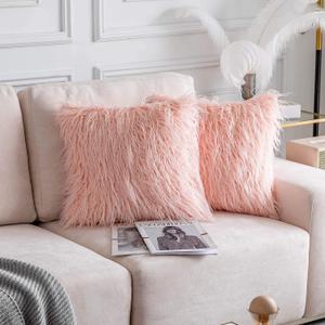Home Brilliant Blush Pink Pillow Covers 18x18 Pillow Cover Faux Fur Throw Pillow Covers Fuzzy Fluffy Pillows Accent Throw Pillows for Couch Room Girl, Set of 2, 18 X 18 Inch, Pink