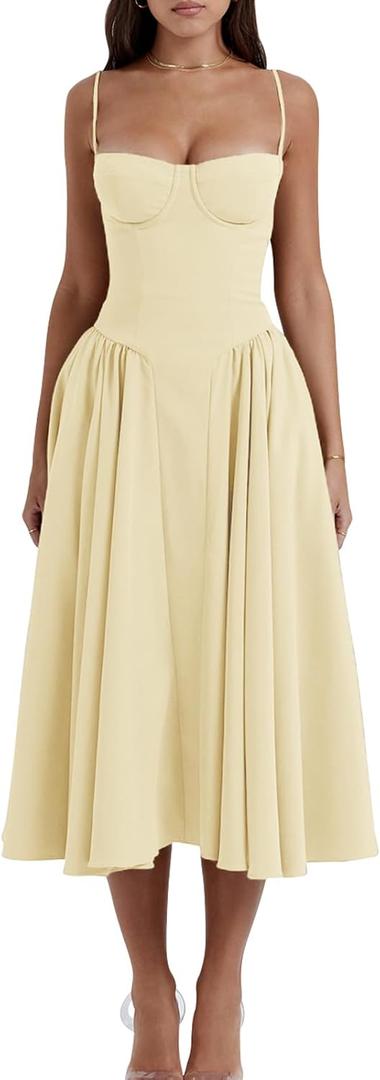 Womens Corset Dress Elegant Spaghetti Strap Midi Dress Flowy Pleated Hem Low Cut Prom Dresses Floral Bustier Dress (Medium) Womens Corset Dress Elegant Spaghetti Strap Midi Dress Flowy Pleated Hem Low Cut Prom Dresses Floral Bustier Dress (Medium)
