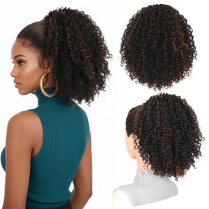 LEEONS Afro Kinky Curly Drawstring Ponytail for Black Women, 10 Inch Short Updo Ponytail Extension with 4 Hidden Combs, Chestnut Highlights for Natural Look (MB/33#)​