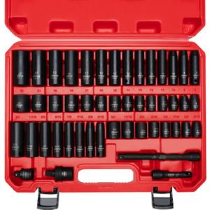 AMM 3/8" Drive Impact Socket Set, 48-Piece Standard SAE (5/16 to 3/4 inch) and Metric (8-22mm) Size, 3" and 6" Drive Extension Bar, Impact Universal Joint, 3/8" to 1/2" Impact Adaptor, CR-V