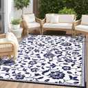 OLANLY Waterproof Outdoor Rug 6x9 ft, Outdoor Plastic Straw Rug with Flower Pattern, Reversible RV Mat for Patio, Camping, Balcony, Deck, Backyard, Navy & White