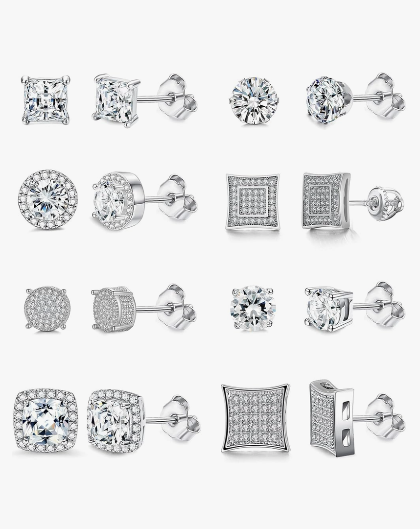 8Pairs Stud Earring of Men Women Silver Cubic Zirconia Square Round CZ Stud Earrings