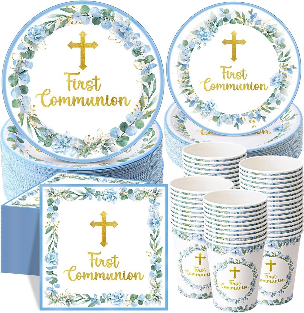 Pickmesh 250 Pcs Blue First Holy Communion Disposable Tableware Set God Bless Baptism Disposable Paper Plates Napkins and Cups for Boys Christening Celebration Baby Shower Religious Supplies Serve 50