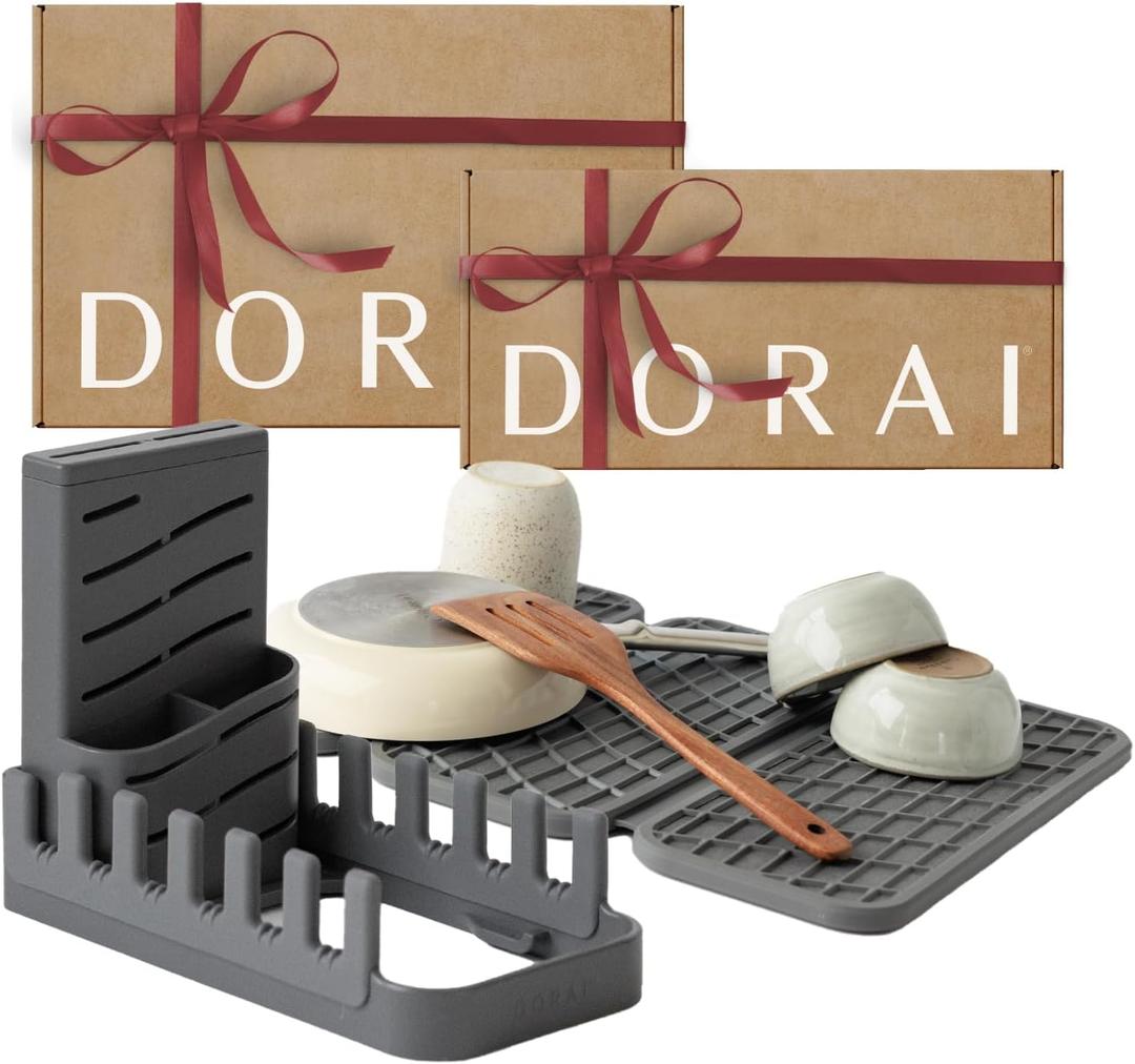 Dorai Home Collapsible Dish Drying Rack and Stone Pad  Foldable Drying Rack with Instant-Dry Stone Mat  Space-Saving Collapsible Drainer for Kitchen Counter - 19.9" x 15.2" (Slate)
