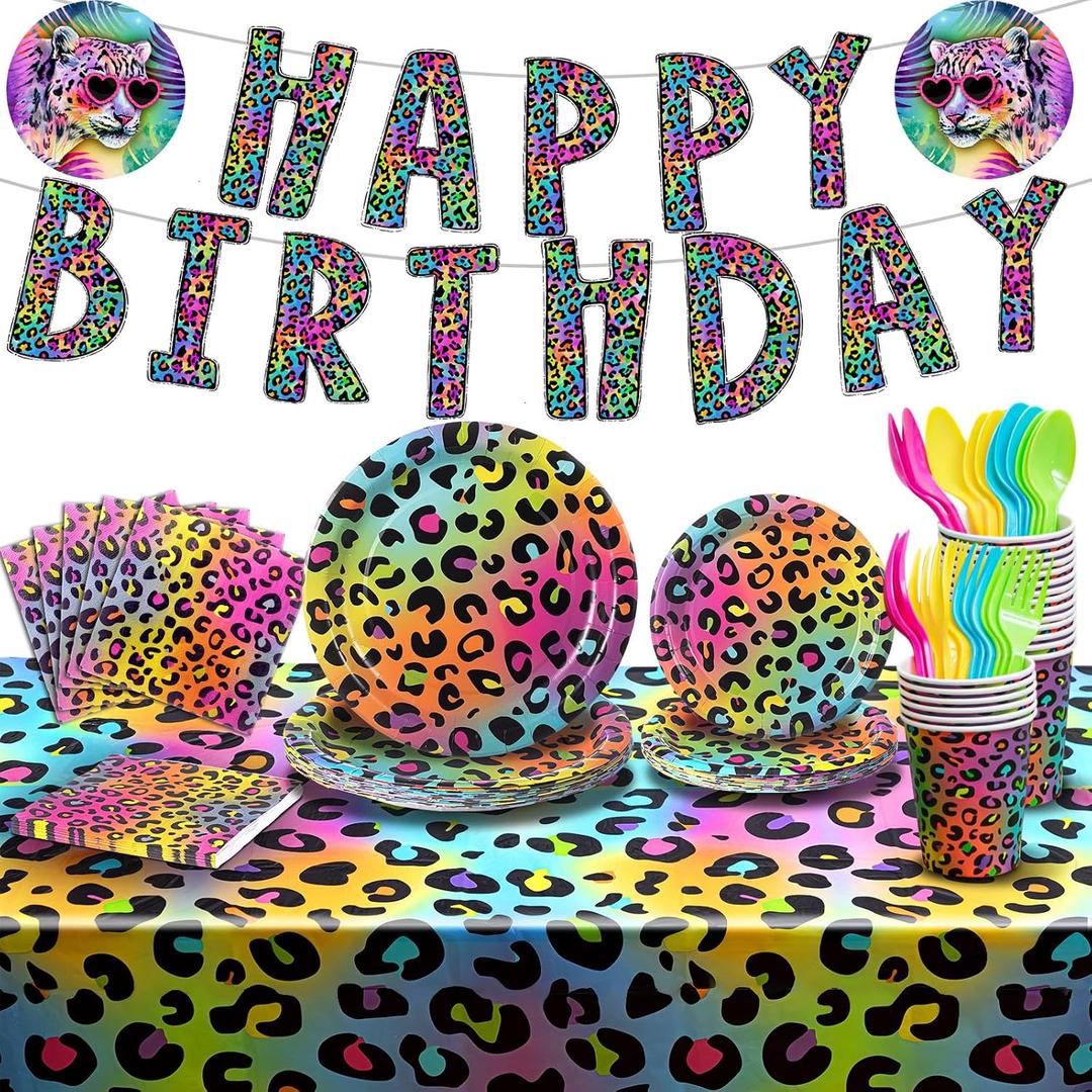 Zonon Cheetah Birthday Decorations Tableware Set Neon Rainbow Leopard Birthday Party Decorations Include Banner, Plates, Napkins, and Tablecloth Etc, for Rainbow Leopard Party Supplies