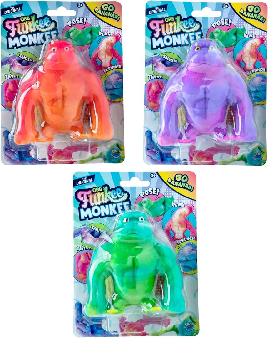 ORB Funkee Monkee MEGA 3 Pack - Funny, Stretchy, and Squishy Monkeys, Perfect to Squeeze for Stress Relief - Original Sensory / Fidget Collectible Toys for Kids and Adults