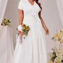 Runwind Women’s Plus Size Maxi Dress Short Sleeve Casual Summer Long Dress Solid V-Neck Dresses (White, XL)