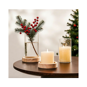 NUPTIO Hurricane Glass Candle Holders: Set of 2 Clear Cylinder Vases with Wooden Plate Base for Pillar Floating Candles Vase for Wedding Centerpiece Coffee Table Decor