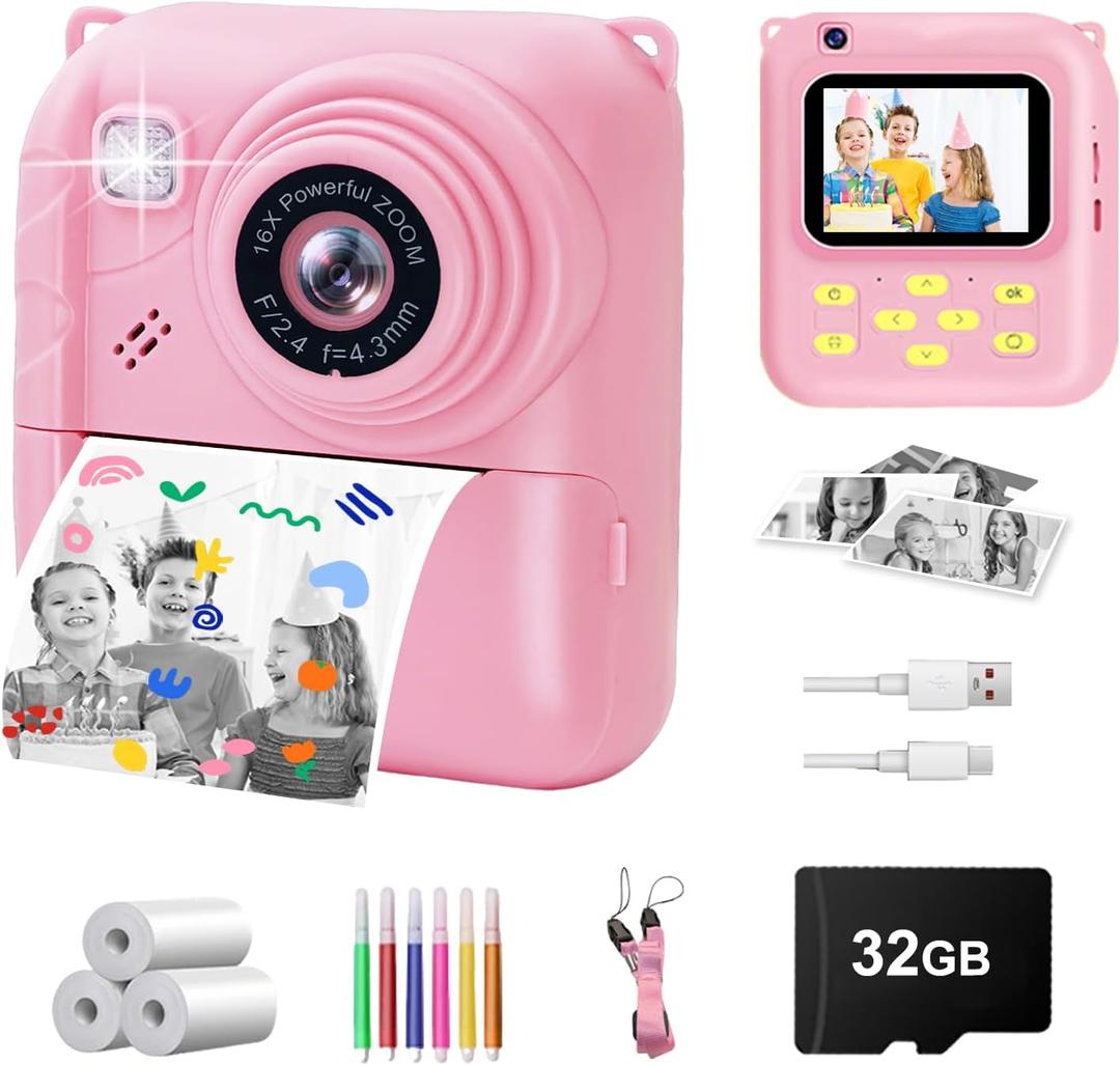 Instant Print Camera for Kids, 1080P Video Camera with 3 Print Rolls, 32GB Card & Cute Cover, Gift for Girls Boys Age 3-12, Toddler Digital Camera with Games, Filters, Music Pink