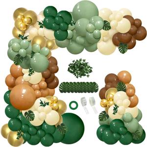 iLaFm 142pcs Jungle Safari Wild One Balloon Arch Kit, Sage Green and Brown Balloon Garland with Palm Leaves for Woodland Tropical Shower Birthday Jungle Party Decoration