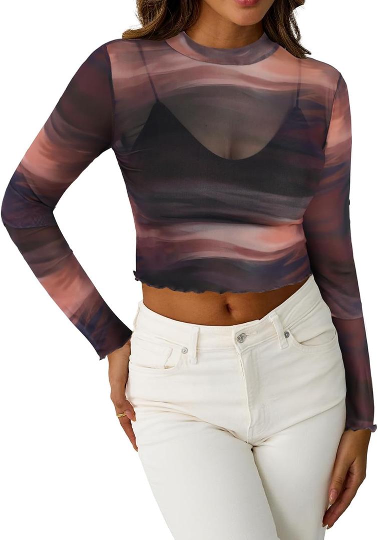 SOFIA'S CHOICE Women's Tie Dye Sheer Crop Tops Mesh Mock Neck Long Sleeve T Shirt Brown X-Large (Brown, XL)