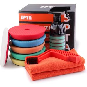 SPTA 10 Pcs Detailing Set, 5Pc 5 inch Buffing Polishing Pads, 1 Microfiber Finish Pad, 1-16 oz Polishing Cleaner, 1 Conditioning Brush, 2-16"*16" Microfiber Towel. for Dual Action and Rotary Polishers