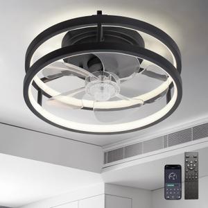 13" Small Low Profile Ceiling Fans with Lights and Remote, LED Fan Light, Modern Fandelier Compact Ceiling Fans Flush Mount for Bedroom Small Room (Black 001)