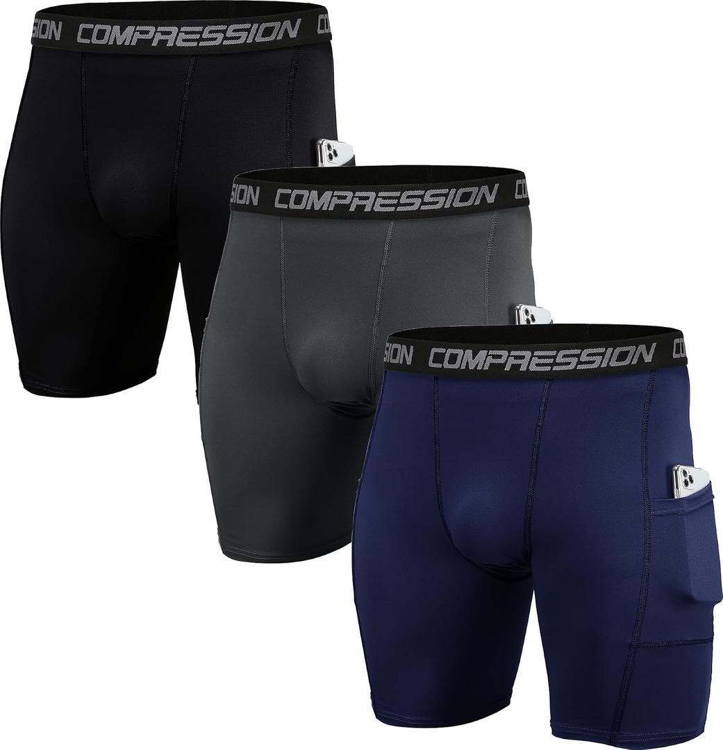 Holure Men's 3 Pack Sport Compression Shorts Compression Underwear, Black/ Gray/ Navy L