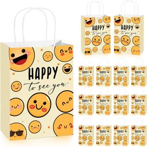 Kolldenn 25 Pcs Happy to See You Gift Bags with Handles Yellow Smile Face Favor Bags Bulk Welcome Guest Gifts Funny Happy Face Party Supplies for First Birthday Baby Shower Party Decorations, 1 Count
