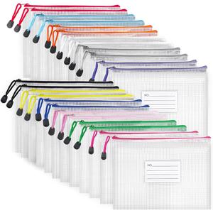 BOPART 24pcs Small Mesh Zipper Pouch Bags 9.3x6.9 Inches Plastic Zip File Bags A5 with Label Pocket for School Office Supplies, Board Game Storage, Puzzle Bags for Organizing