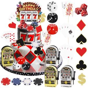 24 Pieces Casino Cake Topper Set with Mini Toy Slot Machine Poker Casino Cupcake Toppers for Casino Game Night Birthday Party Decorations Supplies