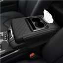 Car Center Console Armrest Pillow, Multifunctional Armrest Box Cover with Cup Phone Tissue Holder & Side Pockets, Waterproof Leather Middle Console Cushion for Most Vehicles (Black, Embroidered)