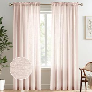 Melodieux Light Pink Semi Sheer Curtains 96 Inches Long for Living Room, Bedroom Faux Linen Texture Farmhouse Rod Pocket Shiny Sheer Curtains Drapes Light Filtering, 52" W x 96" L, 2 Panels