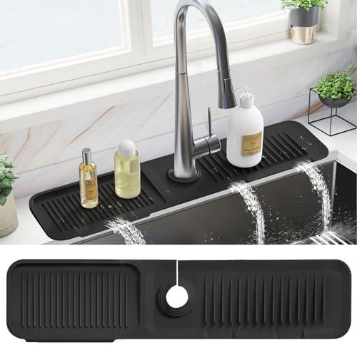 PoYang 24 Inch Faucet Mat for Kitchen Sink Splash Guard Behind Faucet, Sink Protectors for Kitchen Sink Faucet Mat Splash Guard for Kitchen Sink Area, Longer Silicone Faucet Guard Draining Mat, Black