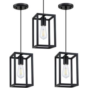 3 Pack 1 Light Adjustable Rustic Farmhouse Pendant Light with 5.7" Lantern Cage Mini Pendant Lighting Fixture Black Finish for Kitchen Island Cafe Bar