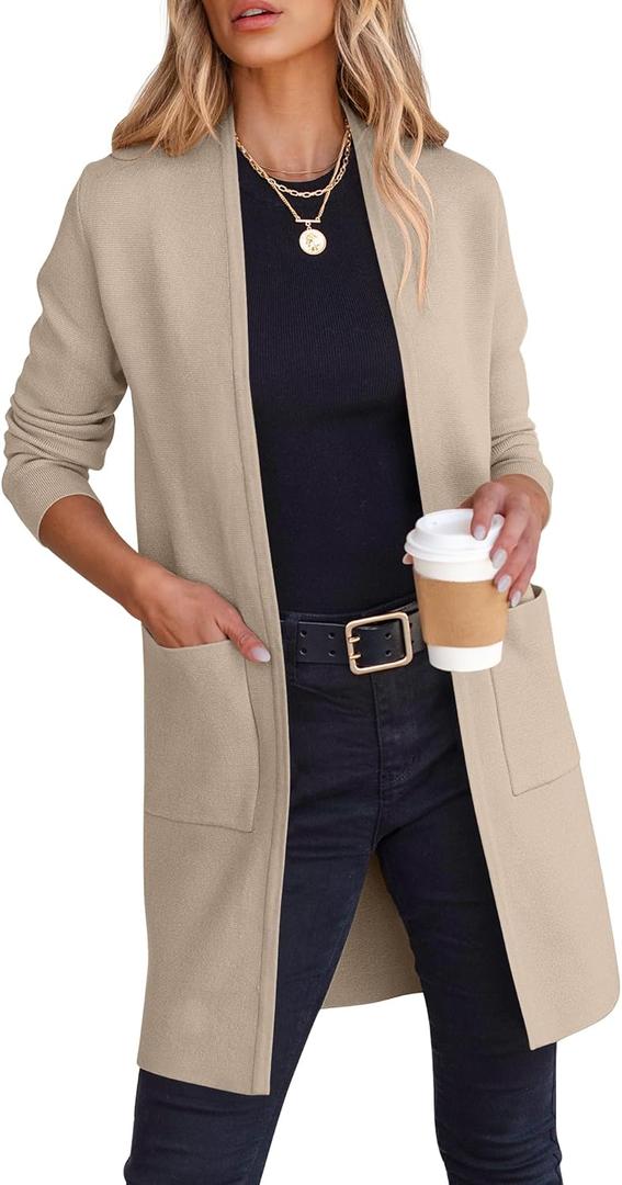 ANRABESS Cardigan Sweater for Women Casual 2025 Fall Fashion Coat Long Sleeve Open Front Knit Coatigan Outwear (X-Small, Light Khaki)
