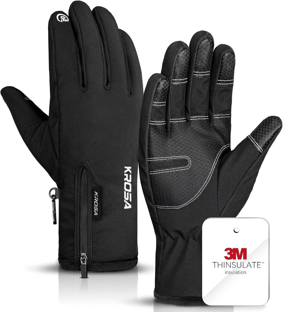 krosa Winter Gloves For Men Women Made with 3M Thinsulate, Waterproof Ski Gloves for Cold Weather with 10 Touchscreen Fingers (Large, Black)