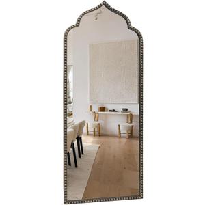 Arch Wall Mirror, 22" W x 55" H,Metal Beaded Frame Accent, Large Modern MirrorAntique Black