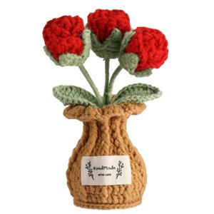Crochet Rose Flower Potted Plant – Red, Valentines Day Gift for Her, Handmade Knitted Romantic Desk Decor