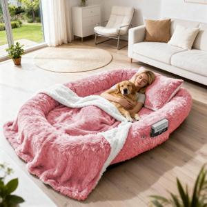 78" Human Dog Bed for Adult, Giant Orthopedic Memory Foam Dog Sofa Bed, Large Oversize Washable Faux Fur Pet Couch with Plump Pillow, Blanket, Strap - Pink