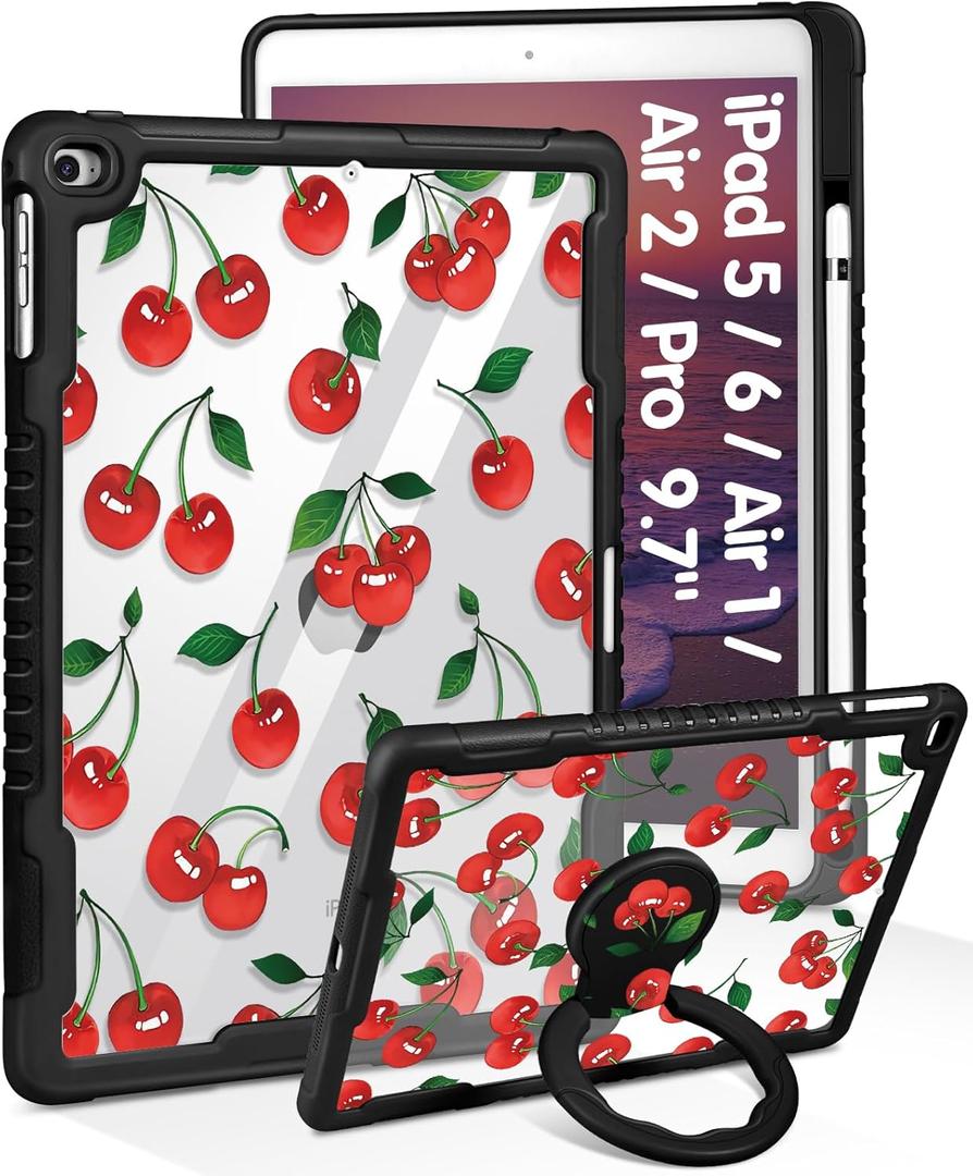 Uppuppy for iPad 5th/ 6th Gen, Air1/ Air2, Pro 9.7 Inch Case - Women Cute Girls with Stand & Pencil Holder Cover Girly Cherry Pretty Protective Hard Funda for iPad 6/ 5 Generation, Air 1st/ 2nd, Pro 9.7