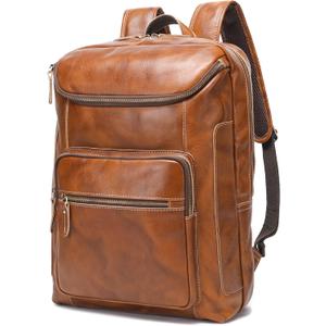 LANNSYNE Vegetable Tanned Leather Backpack For Men, 17" Laptop Backpack, Casual Outdoor Business Travel Rucksack, YKK Zippers