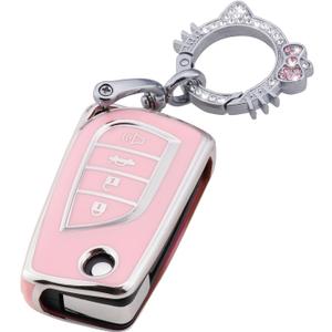 Pangpai Pink Key Fob Cover for Toyota, Soft TPU Key Case Protection with Bling Keychain Fit for Toyota Fortuner Tundra Camry RAV4 Highlander Corolla Smart Key Holder