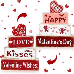 4Pcs Valentine's Day Wooden Table Decorations Rustic Distressed Valentines Centerpieces Blocks Farmhouse Tiered Tray Shelf Office Carnival Decor Home Party Supplies Decor