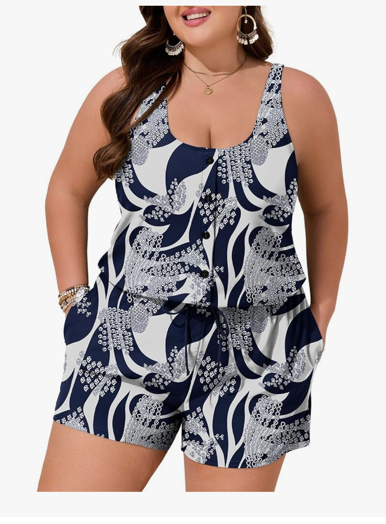 Summer Mae Plus Size Swim Romper One Piece Swimsuit Women Blouson Bathing Suit with Pockets 2025 Modest Swimwear, 18W, Indigo Tribal