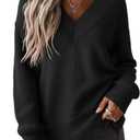 Jouica Women's Sweaters V Neck Pullover Sweater Side Slit Long Sleeve Knit Fall Tops Trendy Outfits for Women 2026 (Black, XXL)
