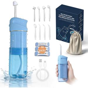 Nasal and Oral Dual-Function Irrigation System, Equipped with 8 Nozzles and 30 Packs of Salt Packets, Used to Relieve Sinus Problems and Provide Dual Care for Mouth and Nose.(Blue)