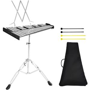 32 Notes Glockenspiel Xylophone Bell Kit, Professional Xylophones for Beginner with Adjustable Stand, Music Stand, Sticks, Aluminum Percussion Instrument Set for Adult (silvery)