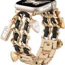 Stylish Metal Band Compatible with Apple Watch Bands for Women 40mm 38mm 41mm 44mm 42mm 45mm 46mm,Pretty Chain Strap with Apple Watch Accessories Charms for iWatch Series 11 10 9 8 7 6 5 4 3 2 1 SE (GoldBlack Band/PerfumeBag)