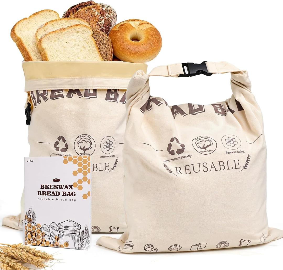 Beeswax Bread Bags Natural Beeswax-Lined Cotton Storage Reusable Sourdough bread bags Bakery Essentials Freshness Keeper for Homemade (2 Pack)