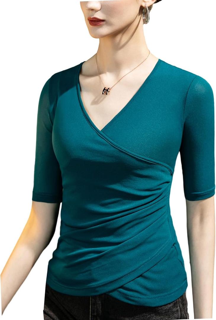 METWEY Wrap Tops for Women Summer Mesh Ruched Top Trendy 2026 Date Outfits V Neck Business Casual Work T Shirts Blouse (M)