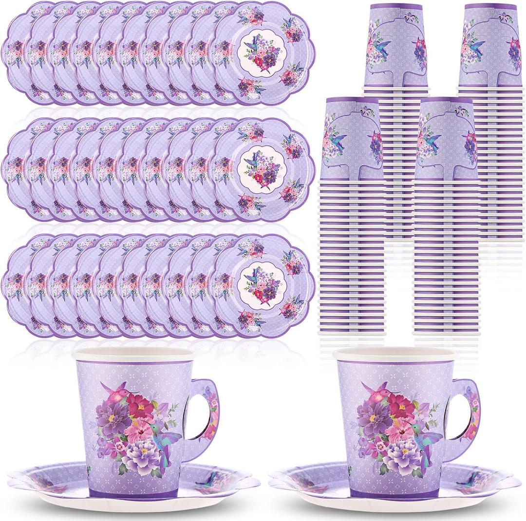 Mifoci 200 Pcs Floral Paper Tea Cups and Saucer Set 9oz Disposable Tea Cups with Handle and Plates Vintage Flower Teacups for Valentine's Day Birthday Bridal Shower Wedding Party Decoration(Exquisite)