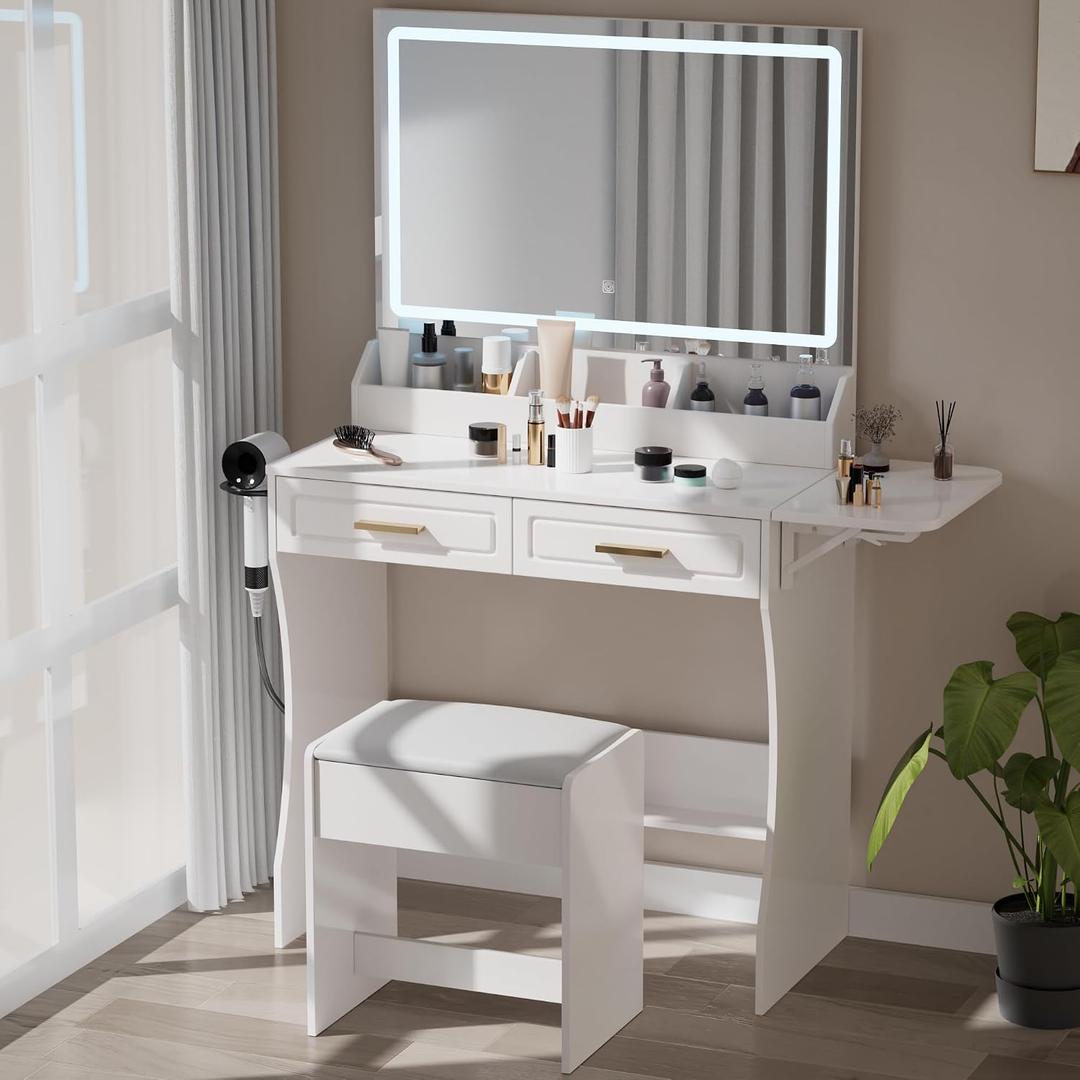 Modern White Makeup Vanity Desk with Adjustable Lights, Mirror, and Storage - Complete Vanity Set with Drawers, Shelves, and Stool, Large