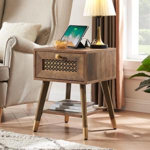 Mid Century Modern End Table for Living Room, Rustic Oak Small Side Tables with Charging Station, Outlets and USB Ports, Wood Nightstand with Storage Drawer and Open Shelf (15.8"W x 15.8"D x 21.7"H (1-Pack))