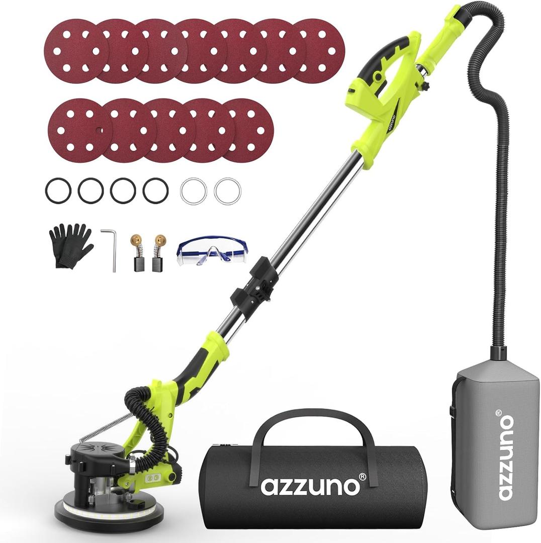 Drywall Sander with Vacuum Dust Collector, AZZUNO 12A Electric Popcorn Ceiling Removal Tool, 5 Variable Speed 800-1900RPM Sander Tool, Professional Drywall Tools with 12pcs Sanding Discs(Neon Green)